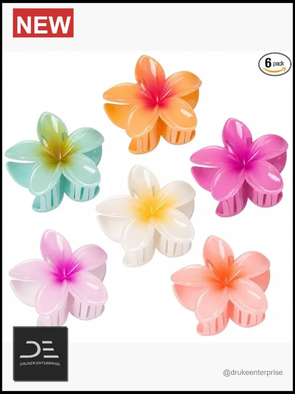 6 Flower Hair Claw Clips, Hawaiian Tropical Floral Clips for Women, Strong Hold